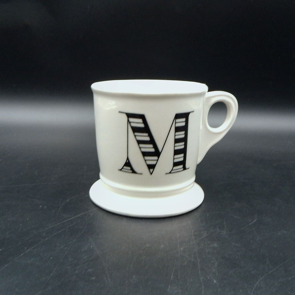 Anthropologie Monogram Letter M White Shaving Style Coffee Mug Cup Black Initial